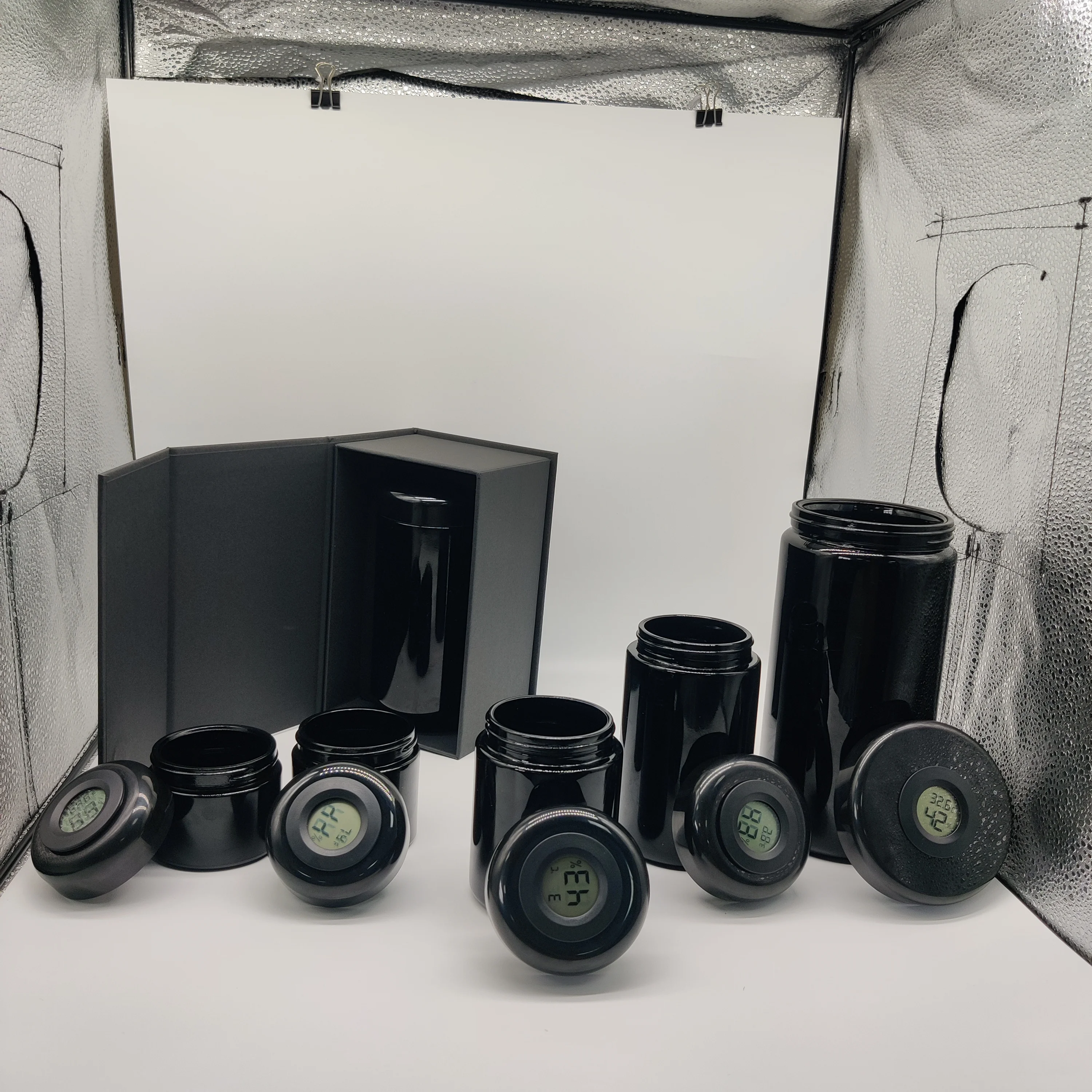 wholesale flower packaging stash jar UV proof glass jar 35 gram black glass jar with thermometer Hygrometer on the lid