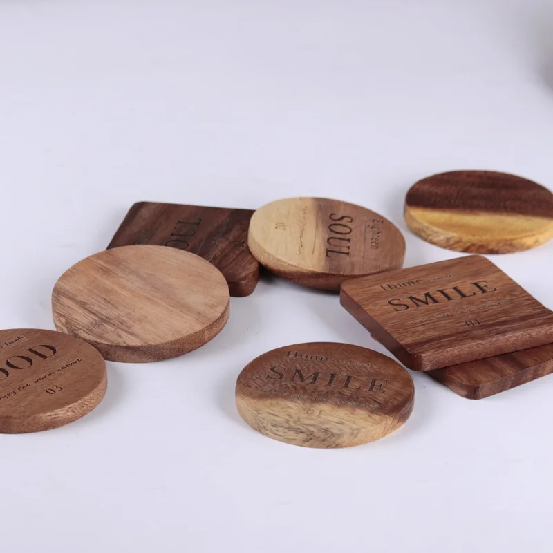 Высококачественный квадратный круглый чайный поднос из акации без рисунка под заказ, набор деревянных подставок