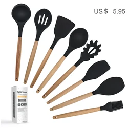 Amazon Hot Seller Natural Heat Resistant 8 Pieces Smart Silicone Utensils Kitchen Non-Stick Baking Tool