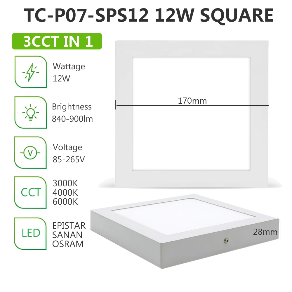 TECO Factory Square Round 12w 7inch 900lm Surface Mount Dimmable 3cct Adjustable Led Panel Light