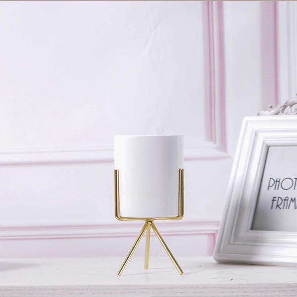 White Ceramic Flower Vase With Metal Base