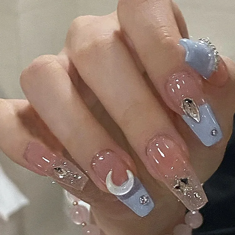 Romantic Rain Custom Press On Full Cover Acrylic Nails Ombre Shining Diamond Sequins Long French Blue Pink 24Pcs/Box Blind Box