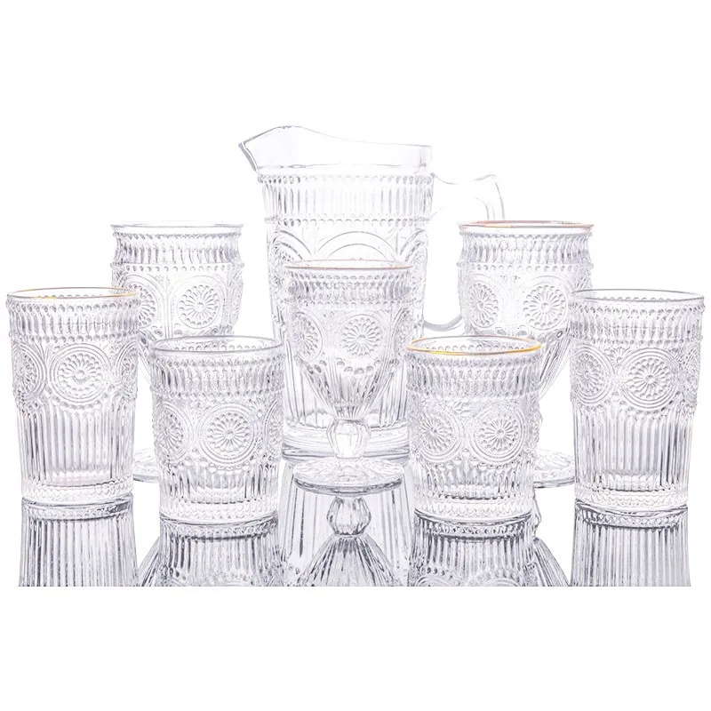 Wholesale Cheap Embossed Sunflower Design Classic Water Drinking Juice Jug Goblet Glass