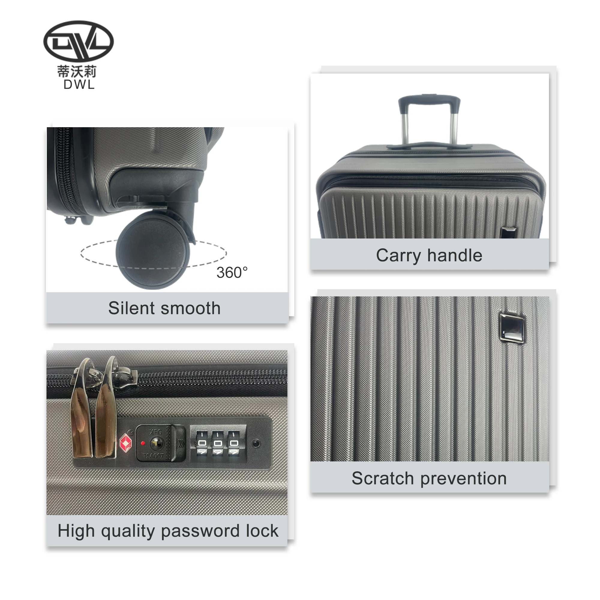 DWL Wholesale aluminum travel trolley tsa lock ABS suitcases front pocket 20/24/28 luggage 3 piece with custom brand logo