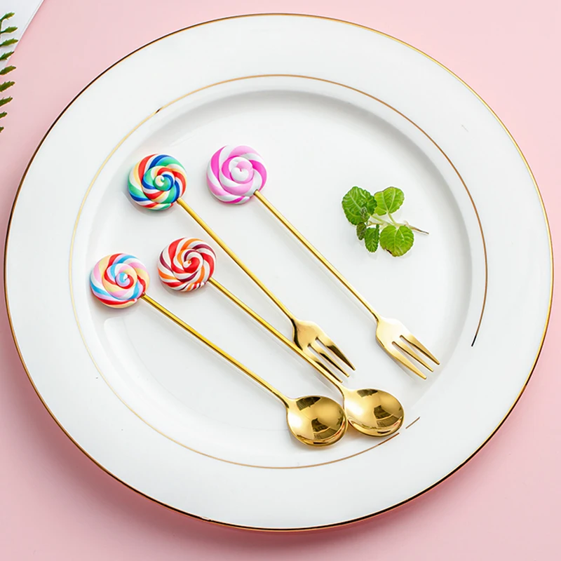 Stainless Steel Fruit Cake Fork Coffee Tea Stirring Spoon Cute Lollipop Candy Spoon