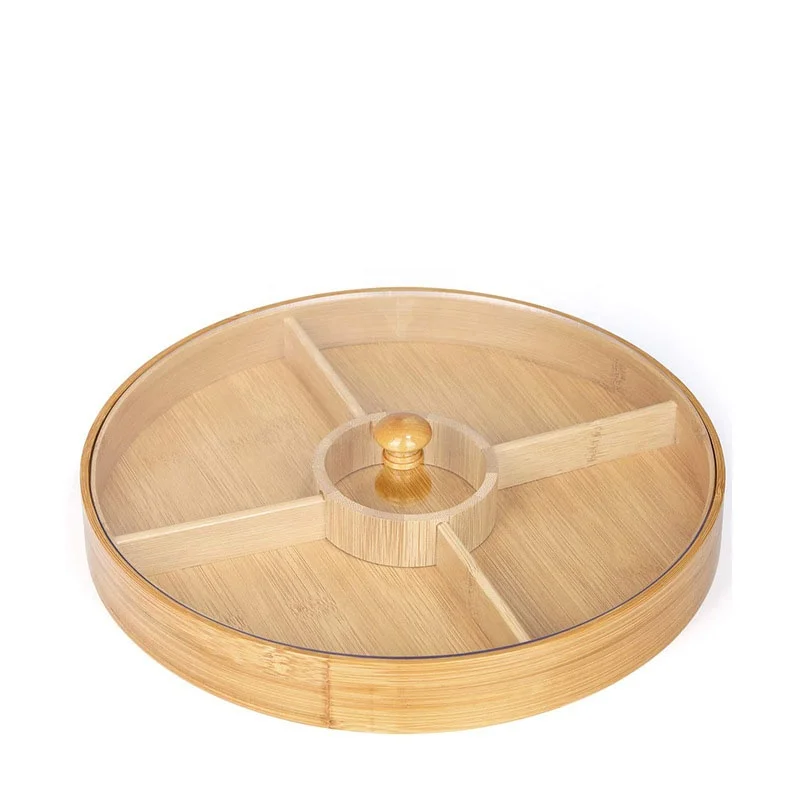 5 Compartments Snacks Party Tray Bamboo Round Plate Dish Food Serving Platter Tray With Glass lid