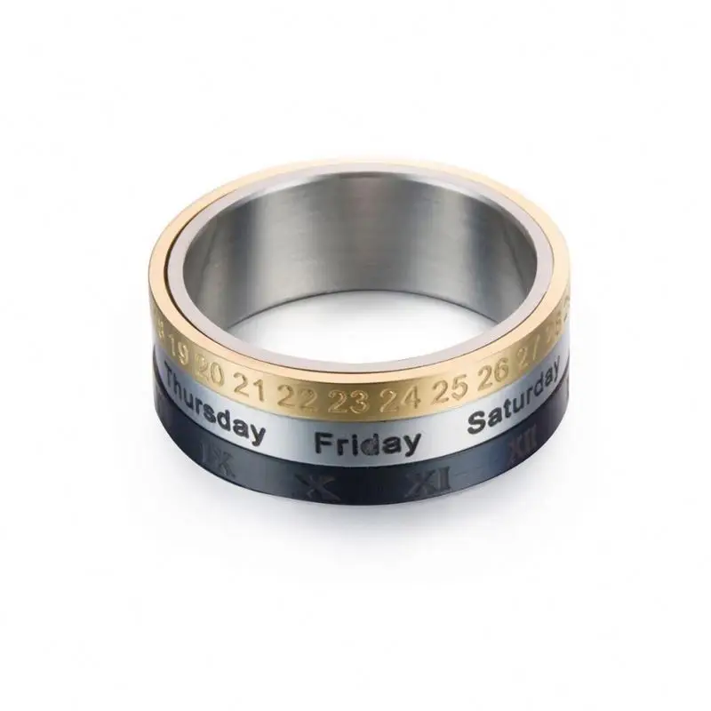 new fashion date weeks letter rotating ring clock stainless steel stacking rings men sets jewelry