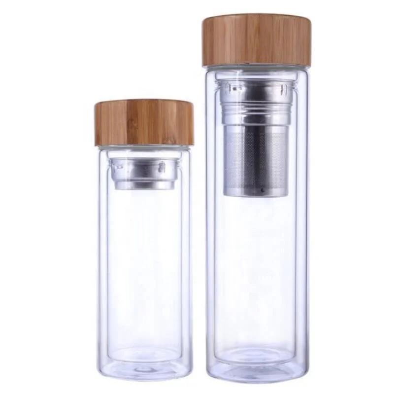 
Modern Round Clear Custom Logo Double Wall Borosilicate Glass Drinking Infuser Water Bottle With Bamboo Lid 