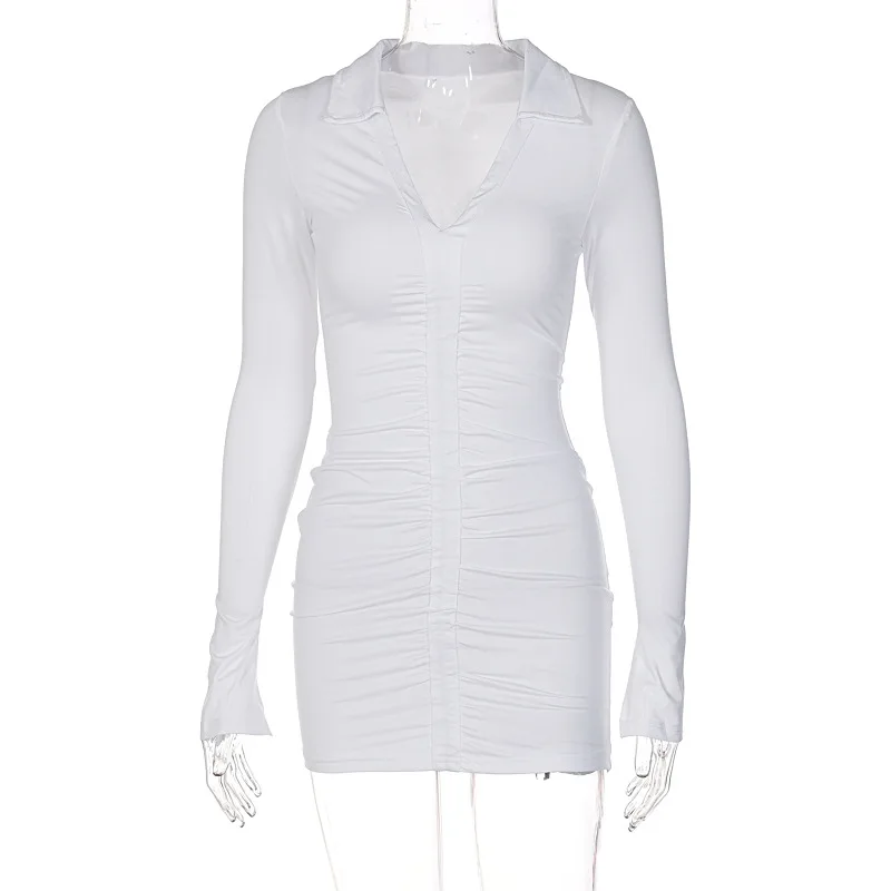 2022 Deep V Neck Bodycon Long Sleeve Turn Down Neck Solid Skinny Mini Dress Sexy Streetwear Fashion Clothes