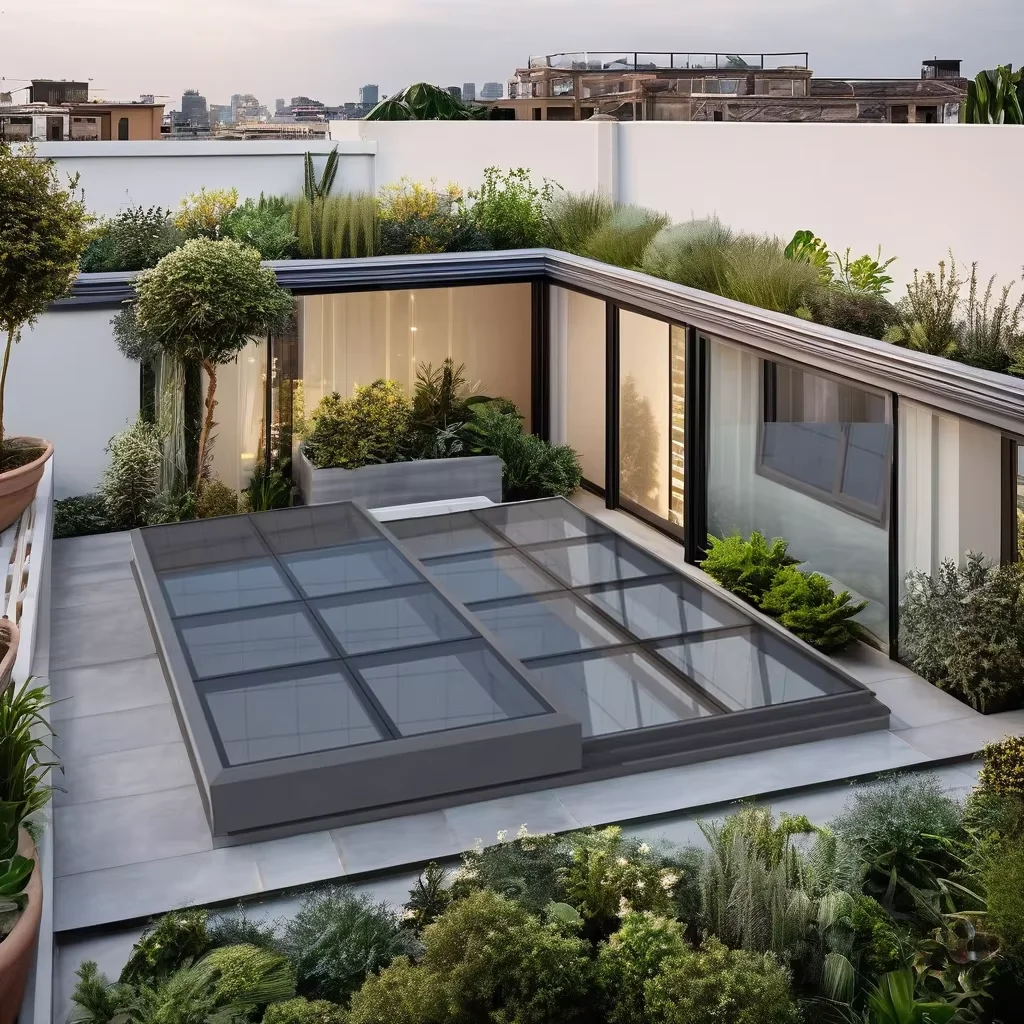 Modern China Aluminium Flat Glass Automatic Skylight Large Solar Sliding Rooftop Sun Room Roof Folding Louver Aluminum Alloy