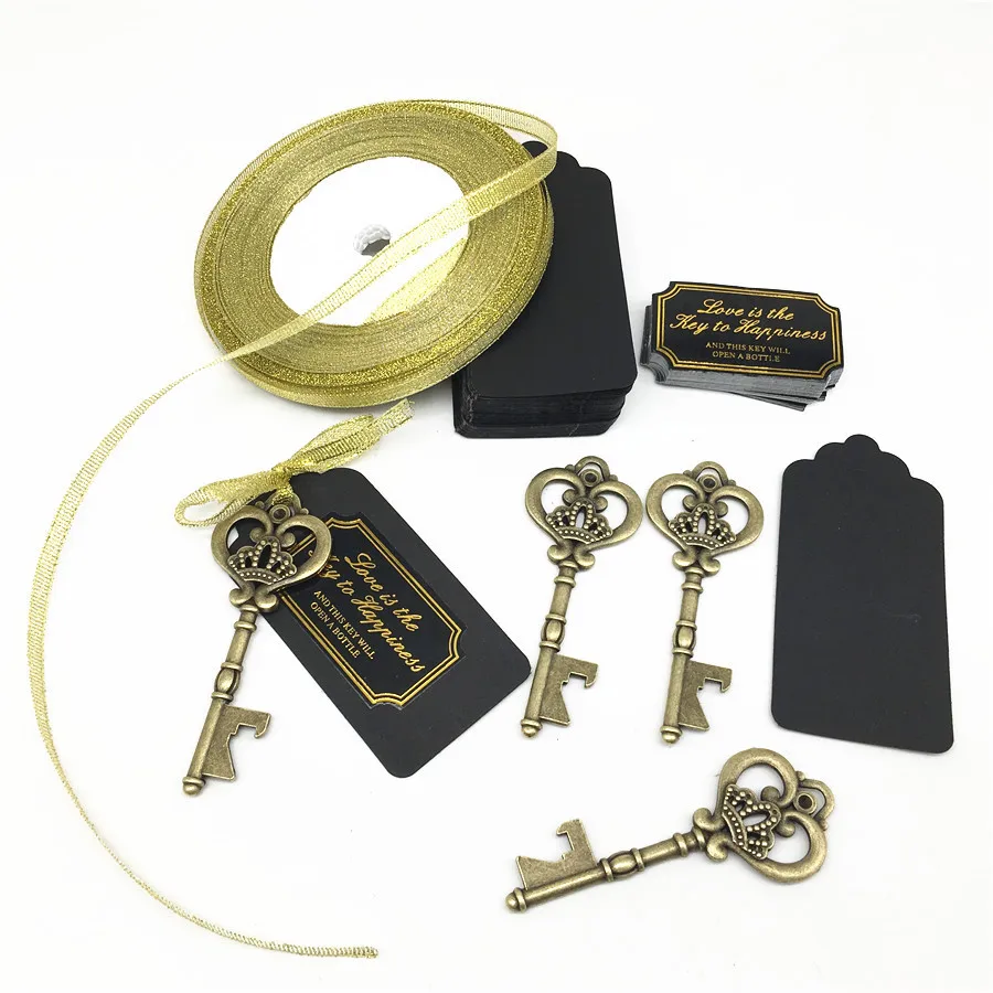50pcs Metal Skeleton crown Key Bottle Opener with Tag Chalkboard Gold Ribbon Sticker Wedding Favor gifts souvenirs for Guests