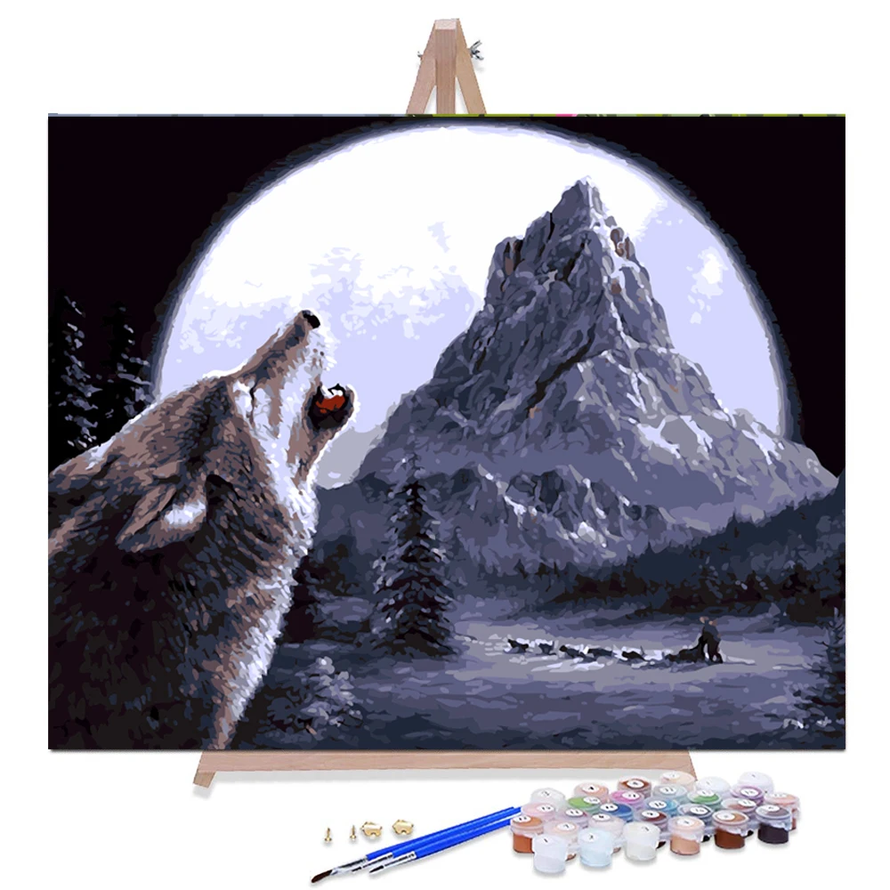 Paint by Numbers Kit for Adults Beginner Wolf Looking into the Distance Drawing with Brushes Christmas Gifts DIY Oil Painting