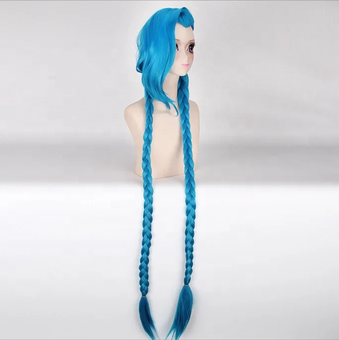 High Quality Long Straight Blue Double Braided Wigs LOL League of Legends Game Jinx Cosplay Wig Synthetic Anime Hair Wigs