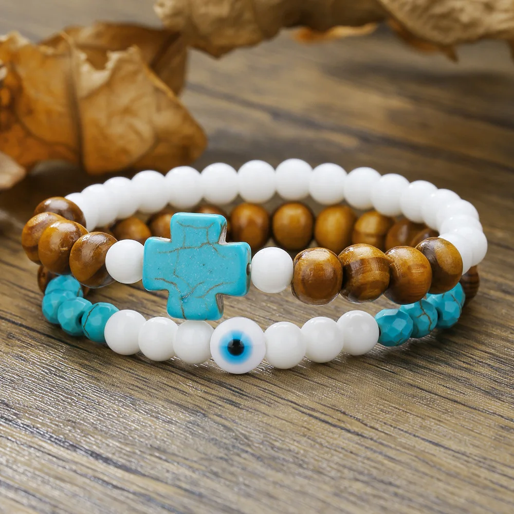 Wholesale Men Statement White Ceramics Jade Evil Eye Charm Wood Bead Turquoise Cross Bracelet Set