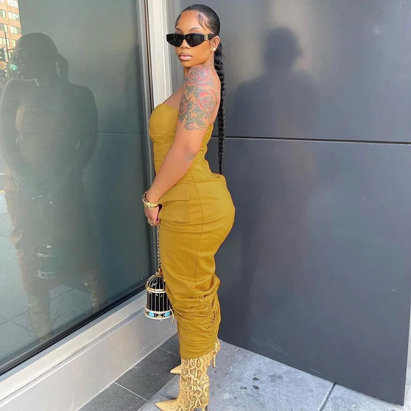 2022 Latest Plain Yellow Women Off Shoulder Corset Drawstring Pockets Pleated Ruched Dress