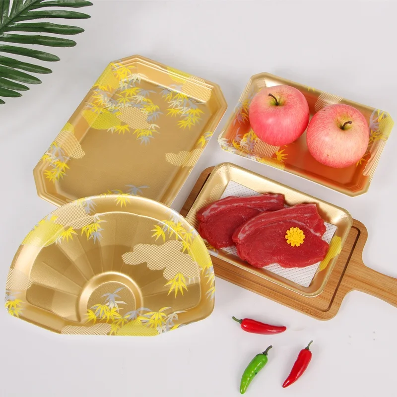 Golden Foam Tray Gold and Silver Leaf Steak Raw Meat Fish and Shrimp Fruit and Vegetable Packing Tray Supermarket Display  Tray