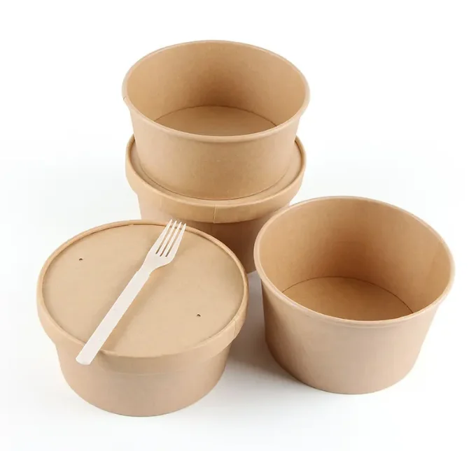 Food Packing Container Salad Bowls Kraft Paper Bowl with Paper PP Disposable set for serving salad, soup, and fruit