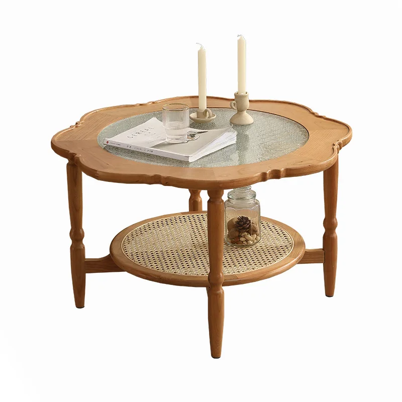 Dreamhause Solid Wood Flower Shape Creative Coffee Table Homestay Apartment Round High Low Tea Table Set Living Room Table Set