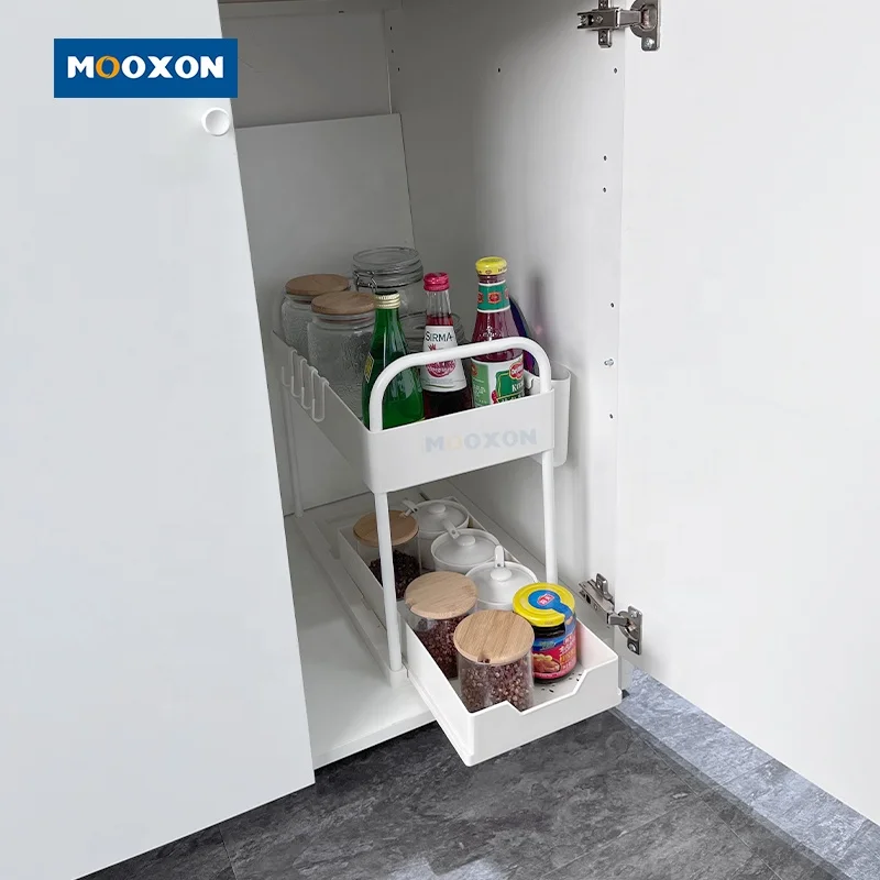 Wholesale ABS Plastic 2 Tier Sliding Undersink Storage Basket Rack Kitchen Shelf Under The Sink Organizer For Bathroom