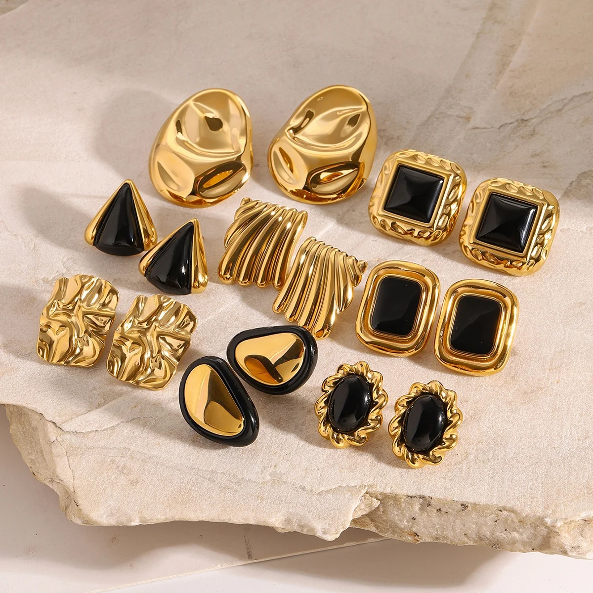QS Fashion Earrings Set Jewelry 18K Gold Plated Stainless Steel Geometric Chunky Hammered Black Agate Earrings