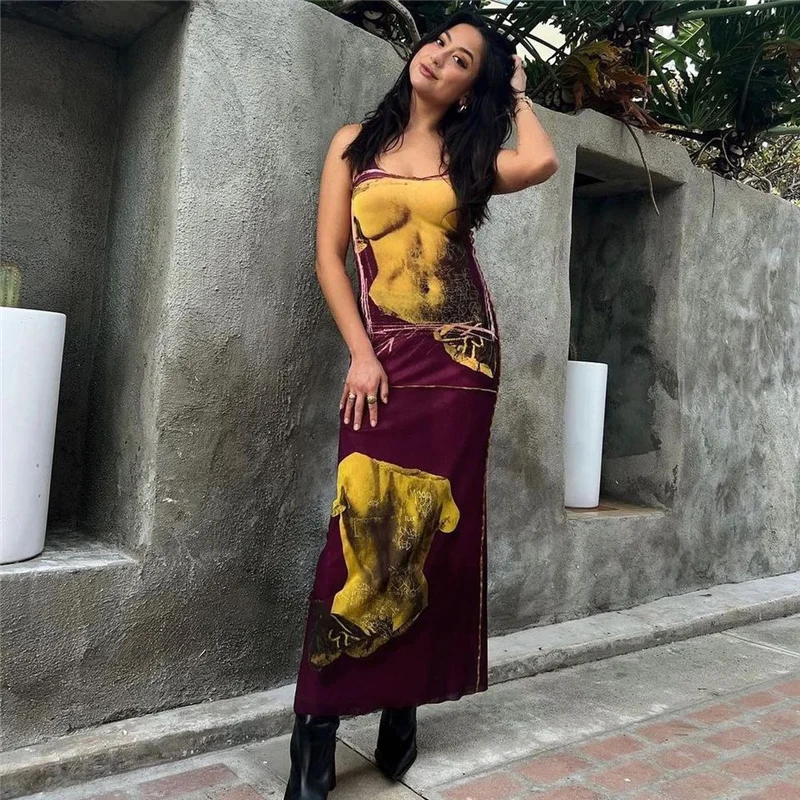 2023 Summer New Womens Sleeveless Printed Dress High Waist Slim Long Dress To Show Thin A Line Dress