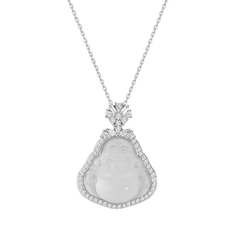 High Ice Translucent Maitreya Buddha Pendant Necklace Women 2024 Young Luxury Retro Niche Design Collar Bone Chain
