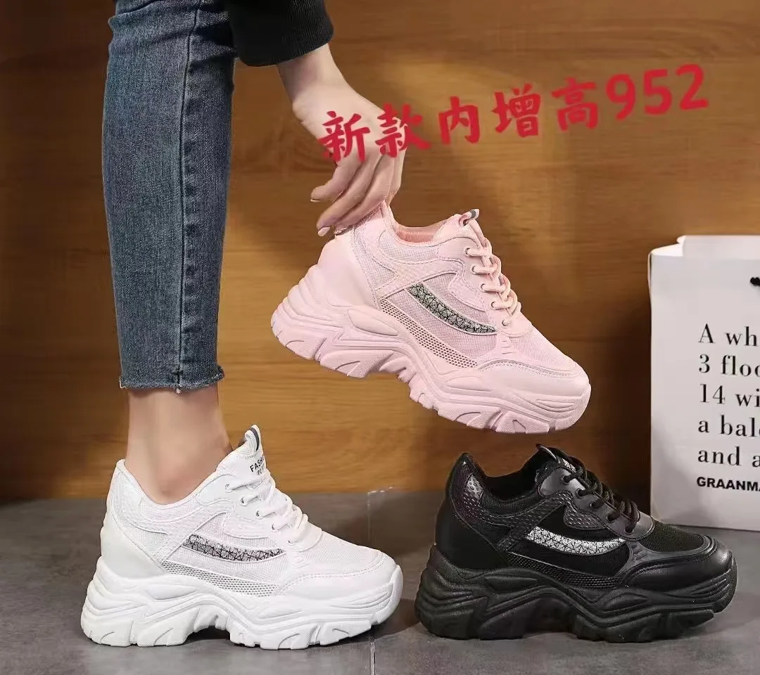 Женские сетчатые кроссовки на высоком каблуке, повседневная женская обувь на шнуровке, Спортивная дышащая женская обувь на танкетке на высоком скрытом каблуке, 2022