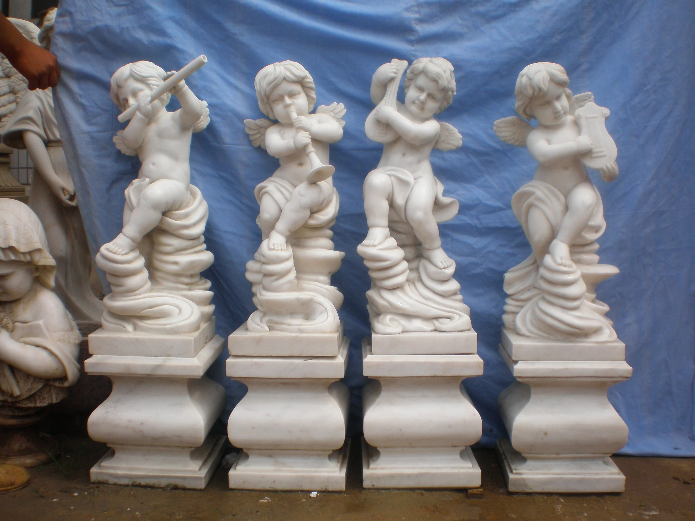 wholesale manufacturers life size white marble stone boy horn angel cherub statues