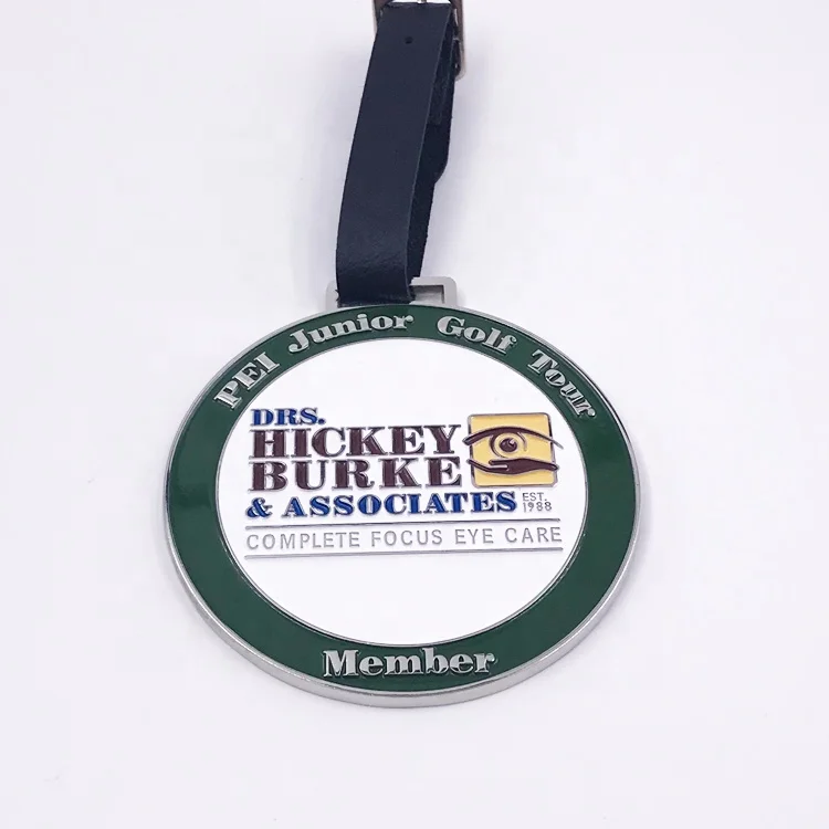 Custom luggage round metal brand leather buckle black golf tag bag name tags