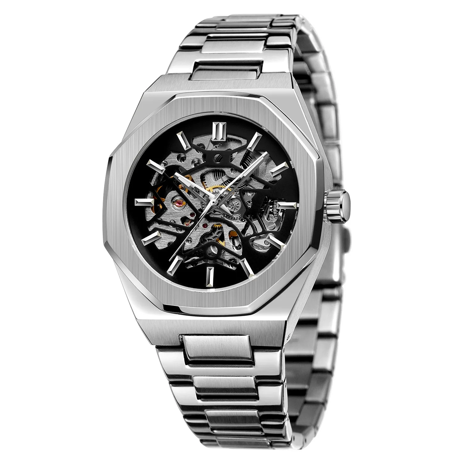 Fashion Classic Stainless Steel Customized Personalized Logo Visible Movement Luxury Wrist Watches Automatic Men Luxury