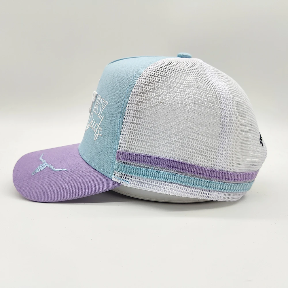 Custom Logo 3d Embroidered  Australian High  5 Panel High Profile  Structured Cap Gorras 2 Stripes Side Striped Mesh Trucker Hat