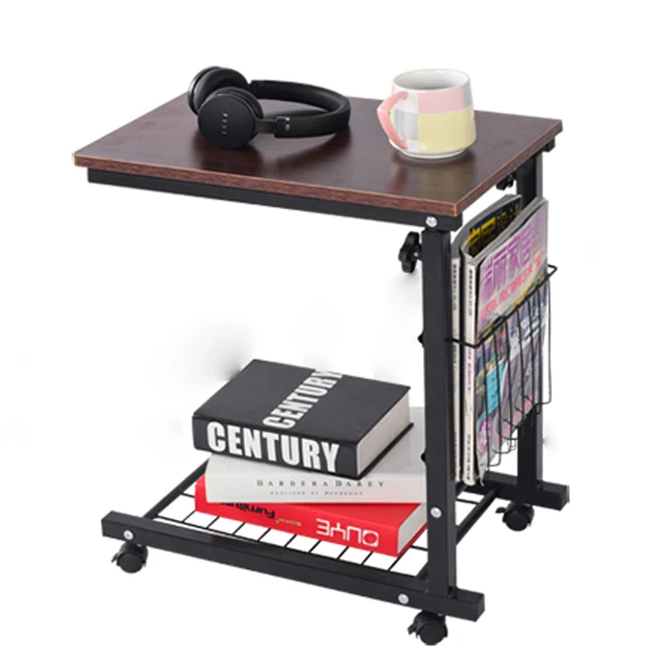 
Sofa Side Table adjustable Castor Wooden Top Metal Base for Living Room 