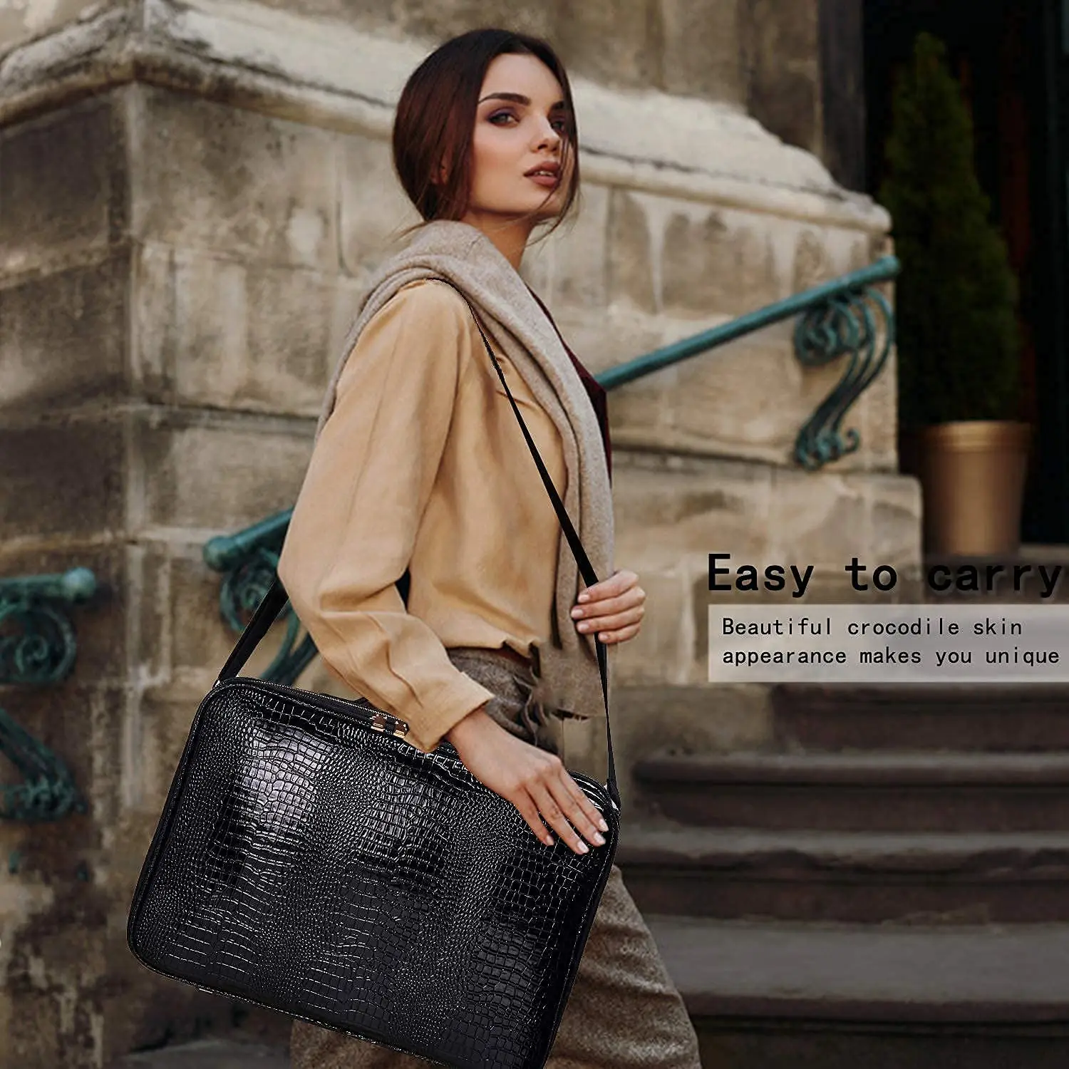 Makeup Bag Travel Case Crocodile Pattern 3 Layers Large Portable Makeup Train Case Cosmetic Organizer and Storage Box