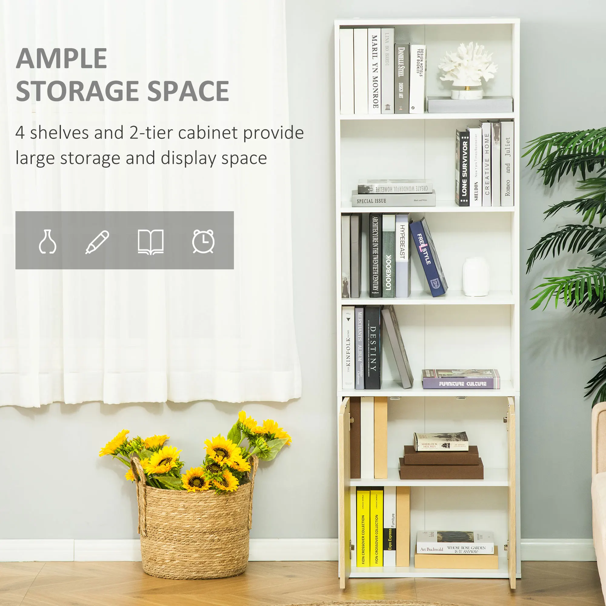 Door 4 Shelves Bookcase Wooden Storage Cabinet Display Unit White Oak