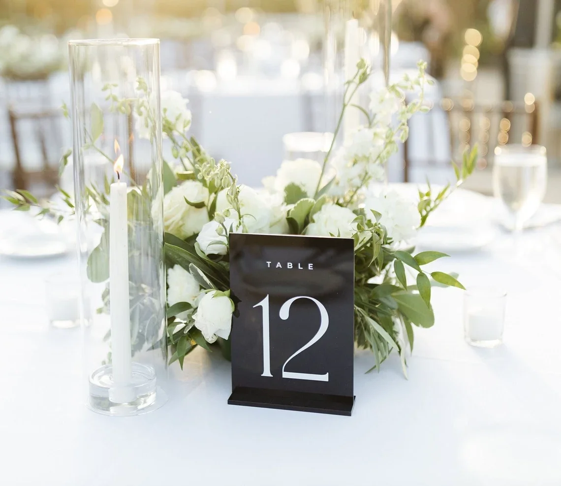 wedding party decor custom luxury frosted 3D silver place card holder stand BLACK rectangle arch acrylic table number