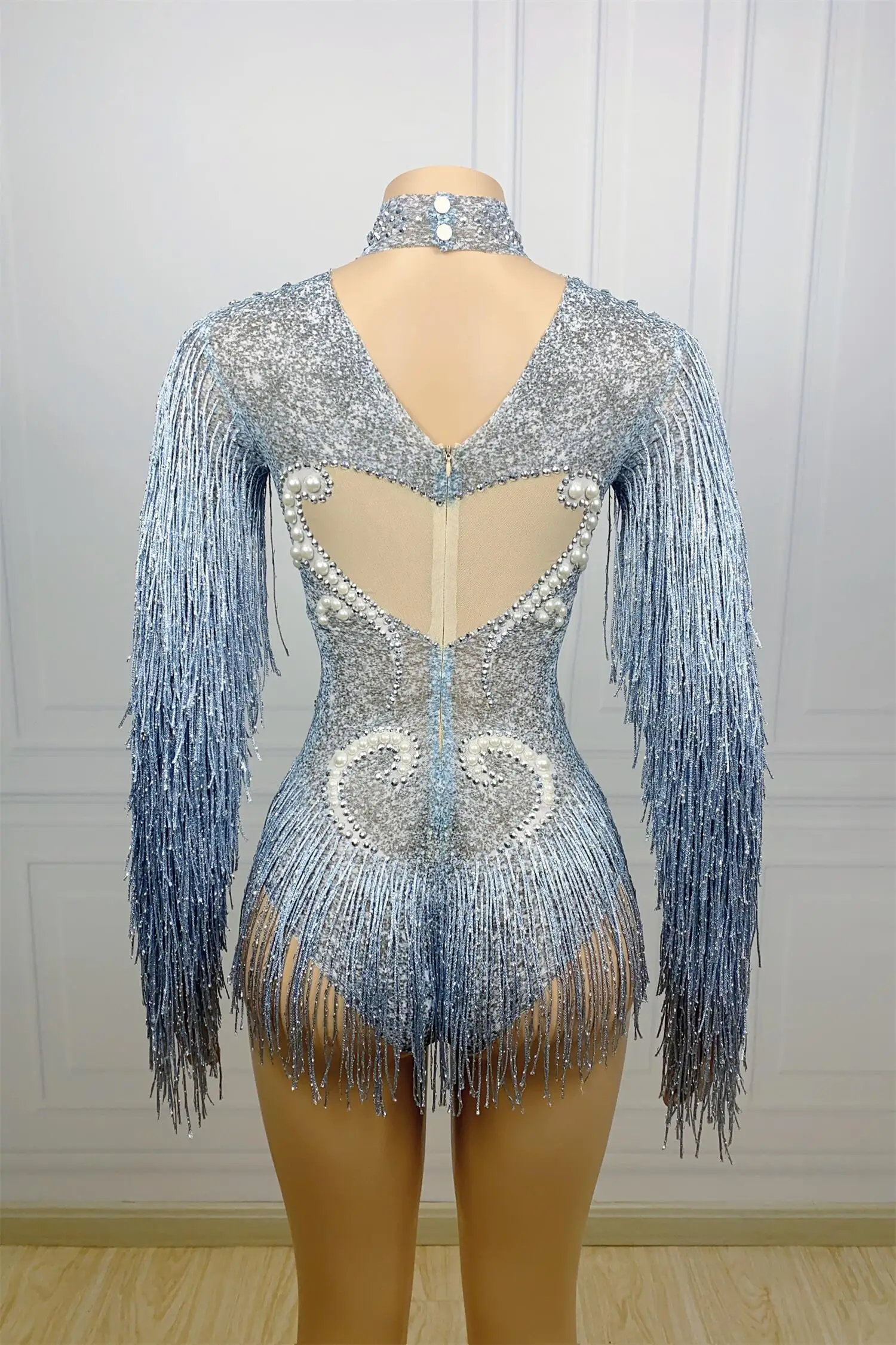Sexy Long Sleeves Tassel Pearls One Piece Short Jumpsuit Stripper Outfits Dancewear Women Stage Performance Rhinestone Bodysuit