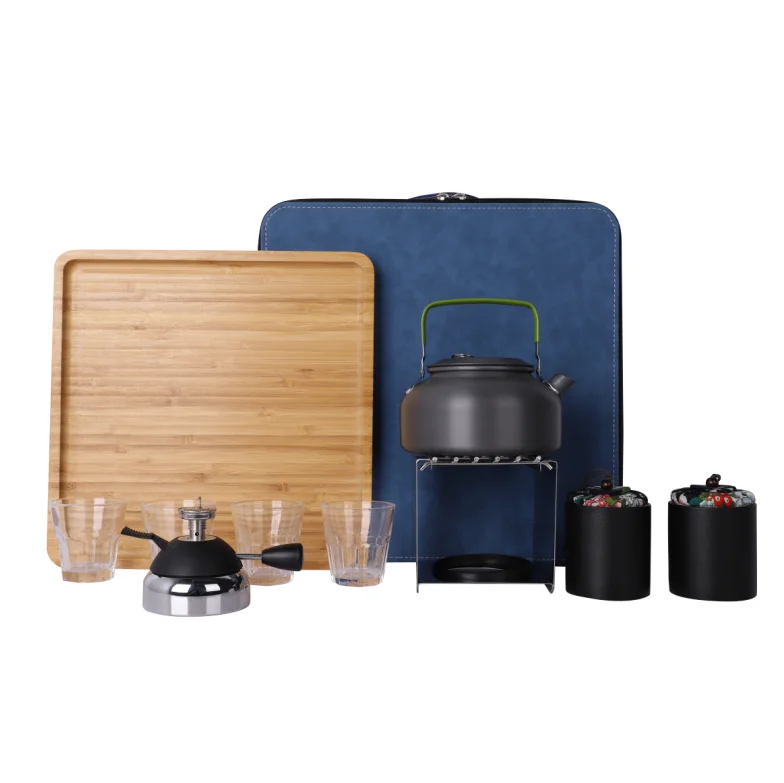 outdoor camp accessories travel bag tea pot sets  Aluminum tea pot 4pcs glass cup 2pcs tea container mini gas Stove sets
