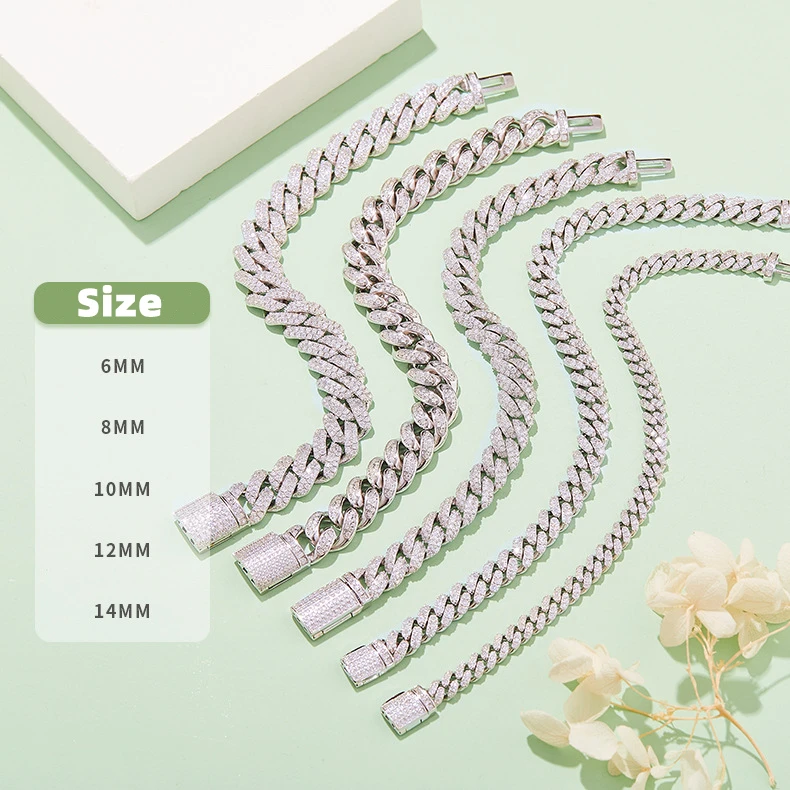 925 Sterling Silver 6mm Miami Cuban Chain Bracelet Iced Out Bling Hip Hop Moissanite Diamond Prong Cuban Link Chain Necklace