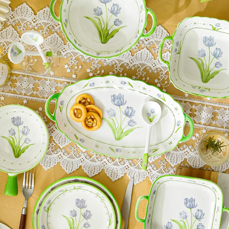 Home Kitchen Tableware Pale Green Flowers Printed Ceramic Bowls Plates And Soup Pot Set For Gift