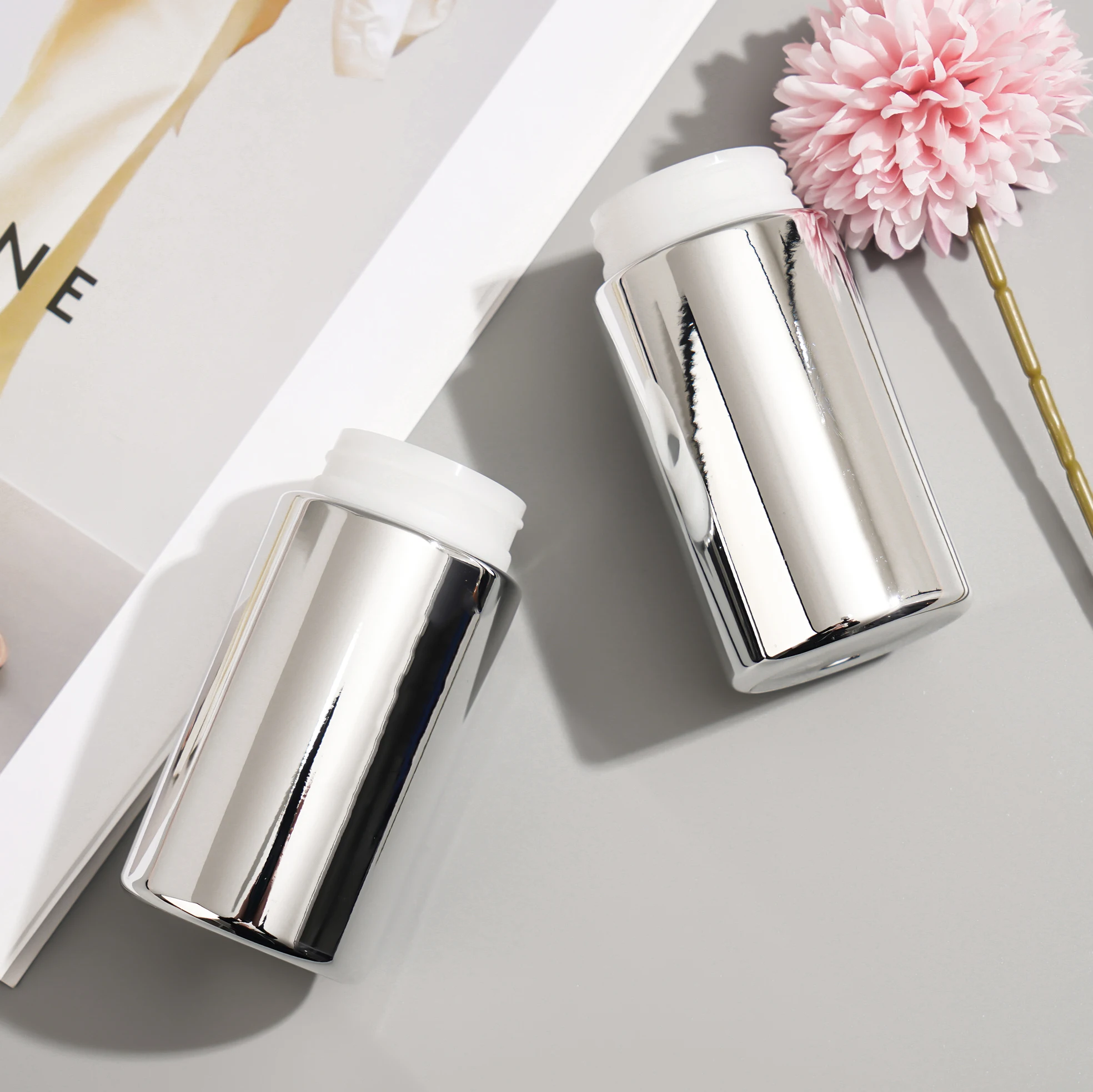 Costom 30ml 50ml 100ml silver chormed plastic pill bottle capsule bottle with aluminum lid