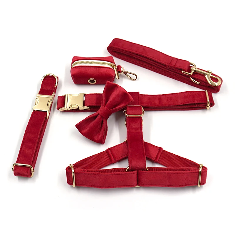 High Quality  red velvet dog collar and leash poop bag holder Fashion Pet Harness Suit