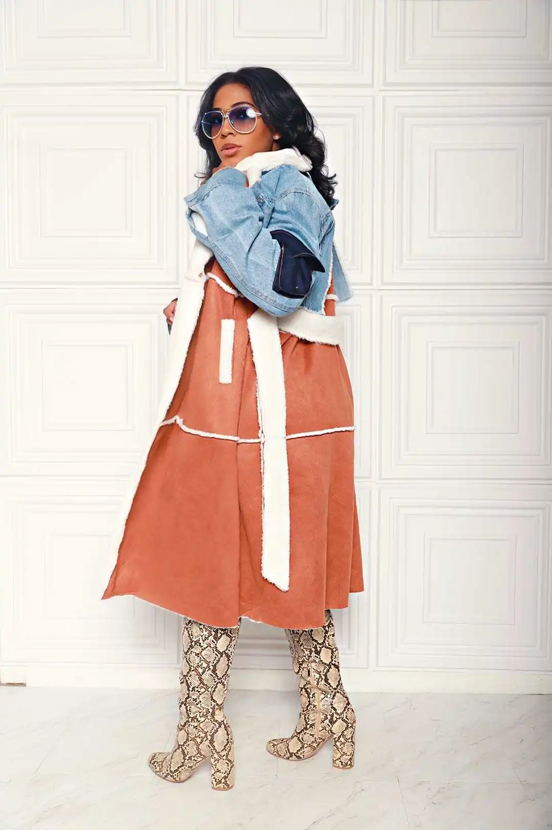 GX34374 Women Jean Wool Jacket Patchwork Cropped Cardigan Hoodie Trench Coat Women Winter Jean Jacket with Fur