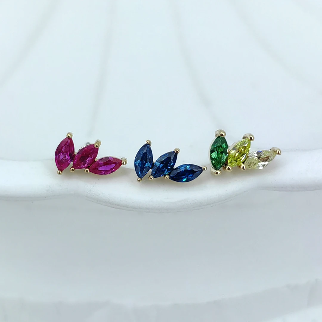Calendo 14K Solid Gold Threadless Three Marquise Cluster Leaf Ends Tragus Conch Helix Daith Piercing Gold Earrings Body Jewelry