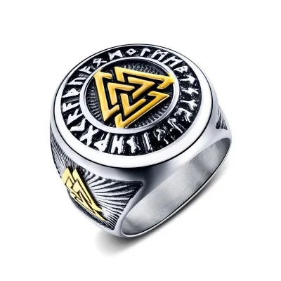 Personality Antique Silver Triangle Stainless Steel Ring Vintage Viking Celtic Knot Odin Logo Finger Rings for Male Boyfriend