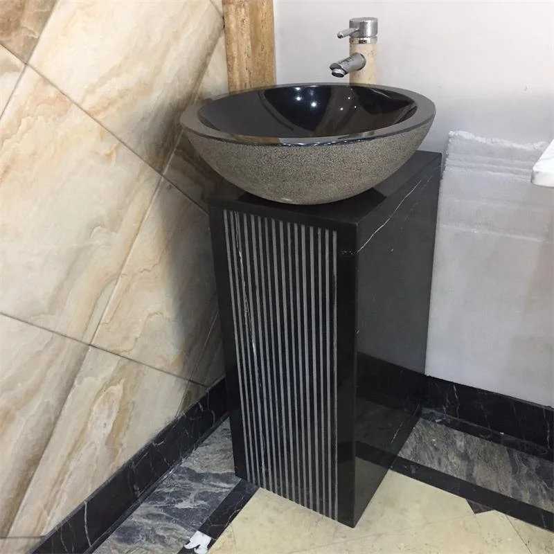 bathroom black square round granite sink with standing natural stone pedestal basin