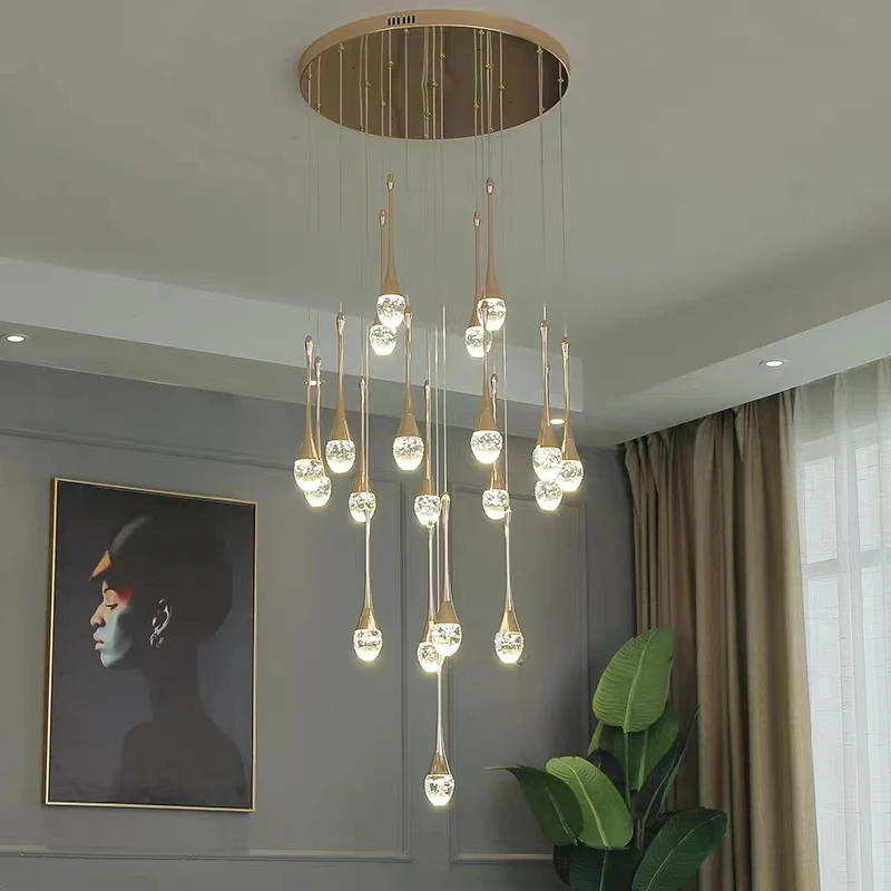 Modern simple long gold raindrop crystal chandelier pendant lamp for duplex villa staircase living room