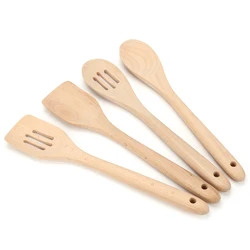 Premium Beech Wooden Cooking Set 4Pcs With Hanging Hole Natural Color Turner Spoon Slotted Spatula For Kitchen