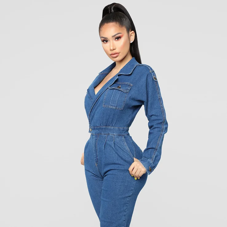 2019 Autumn High Quality Women  Denim Romper Long Sleeve V-Neck Jean Jumpsuits
