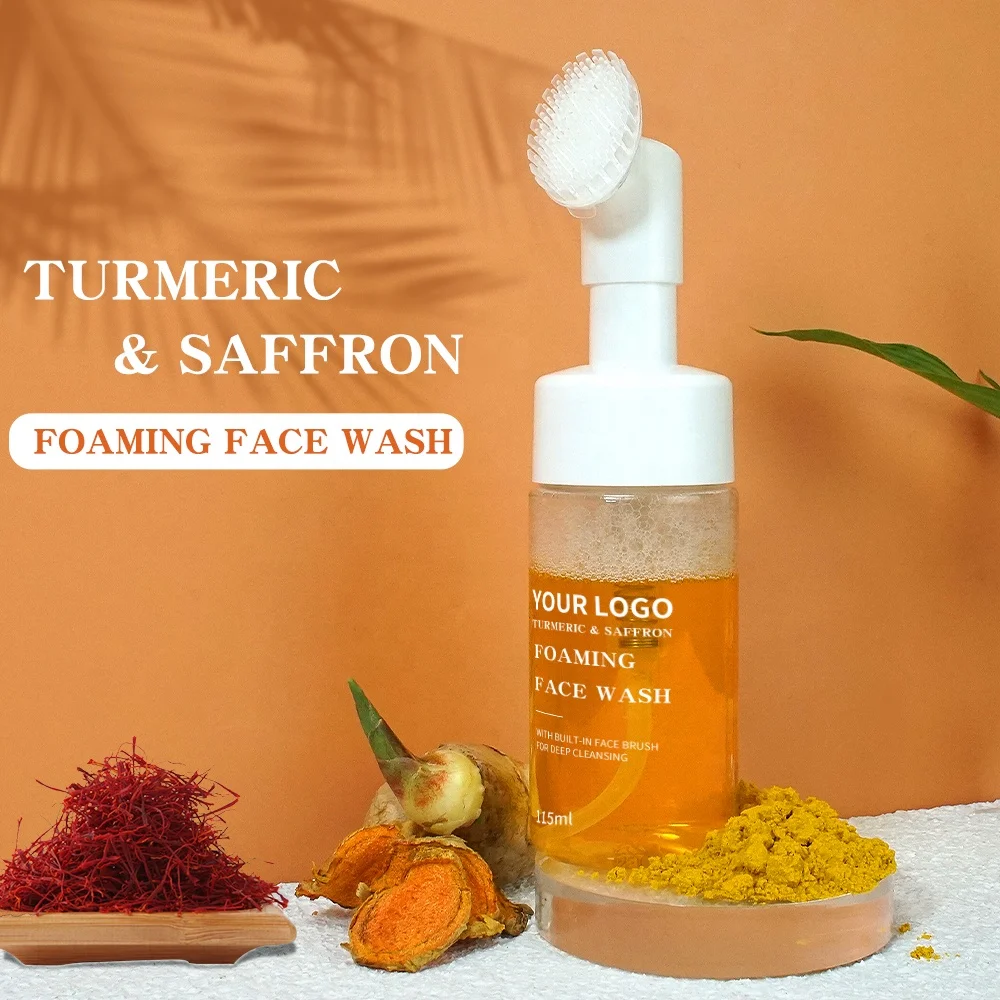 OEM Custom Facial Cleanser Soothing Brightening Skin Natural Vegan Turmeric Saffron Foaming Face Wash