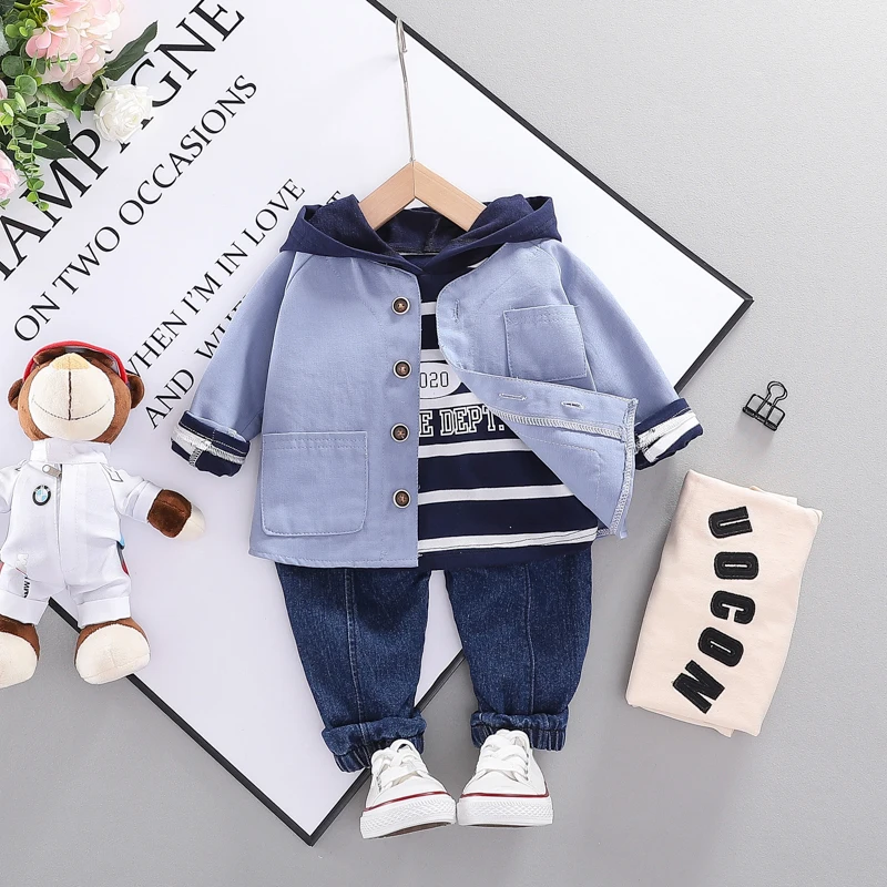 
New Design 2020 Spring Baby Girl Letter Stripe Hat Casual Three Pieces Set Kids Boy coat 